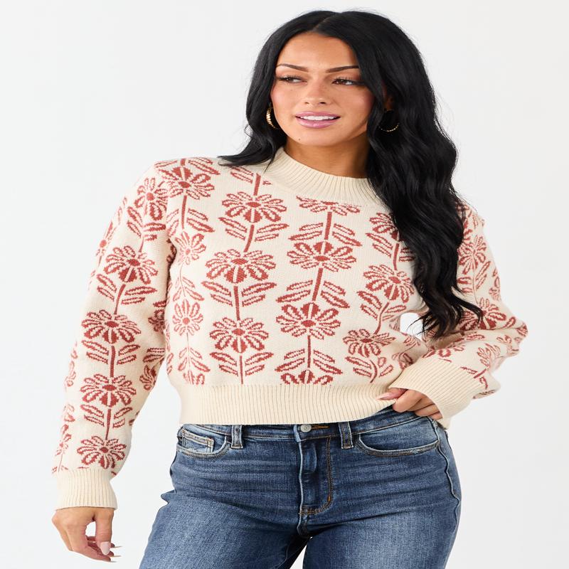 Cream and Tawny Floral Mock Neck Knit Sweater