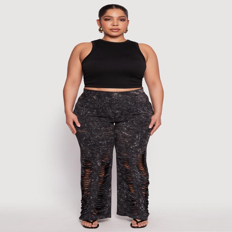Plus Size Acid Wash Laser Cut Pants