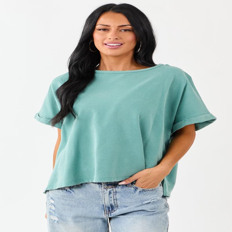 Teal Mineral Wash Short Sleeve Cotton Top