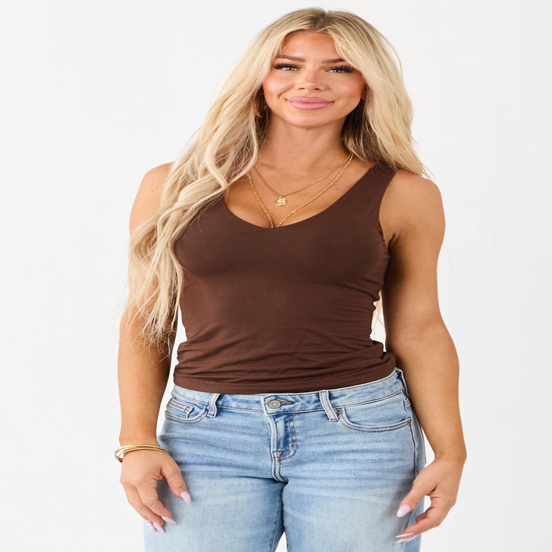 Walnut Double Layer Knit V-Neck Tank Top