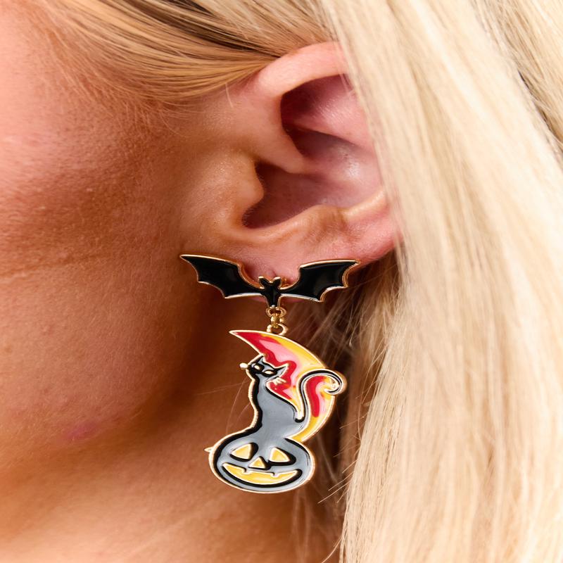 Black Bat and Cat Halloween Dangle Earrings