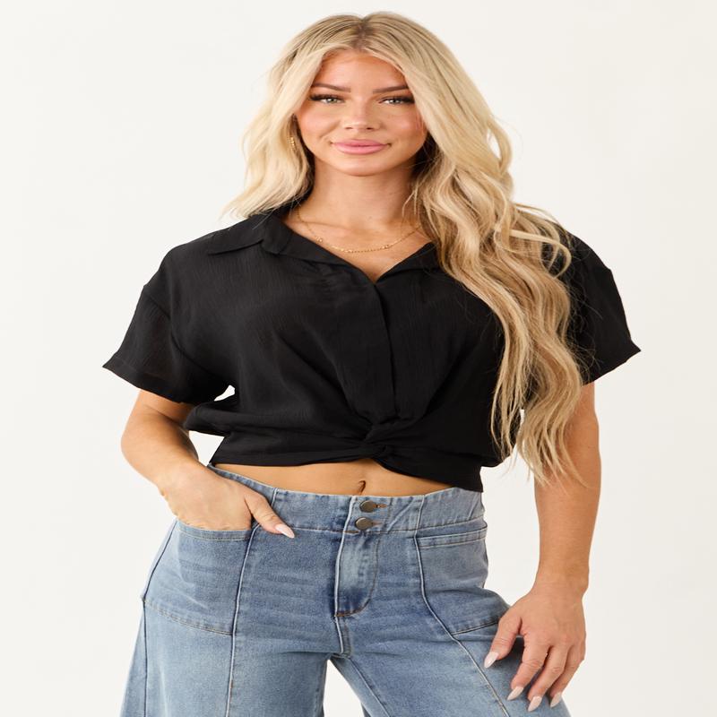 Black Collared Front Twist Short Sleeve Top