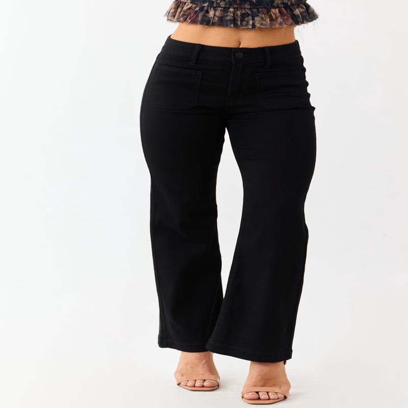 Black Flare Leg Stretchy Patch Pocket Jeans