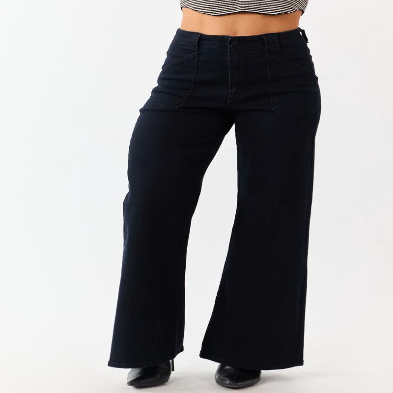 Black Washed Stretchy High Rise Wide Leg Jeans