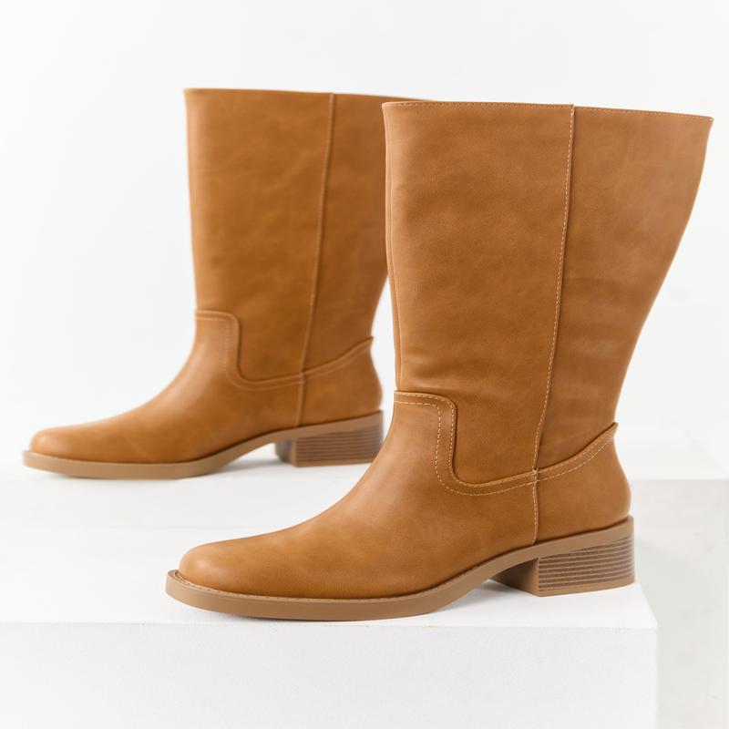 Caramel Faux Leather Block Heel Tall Riding Boots