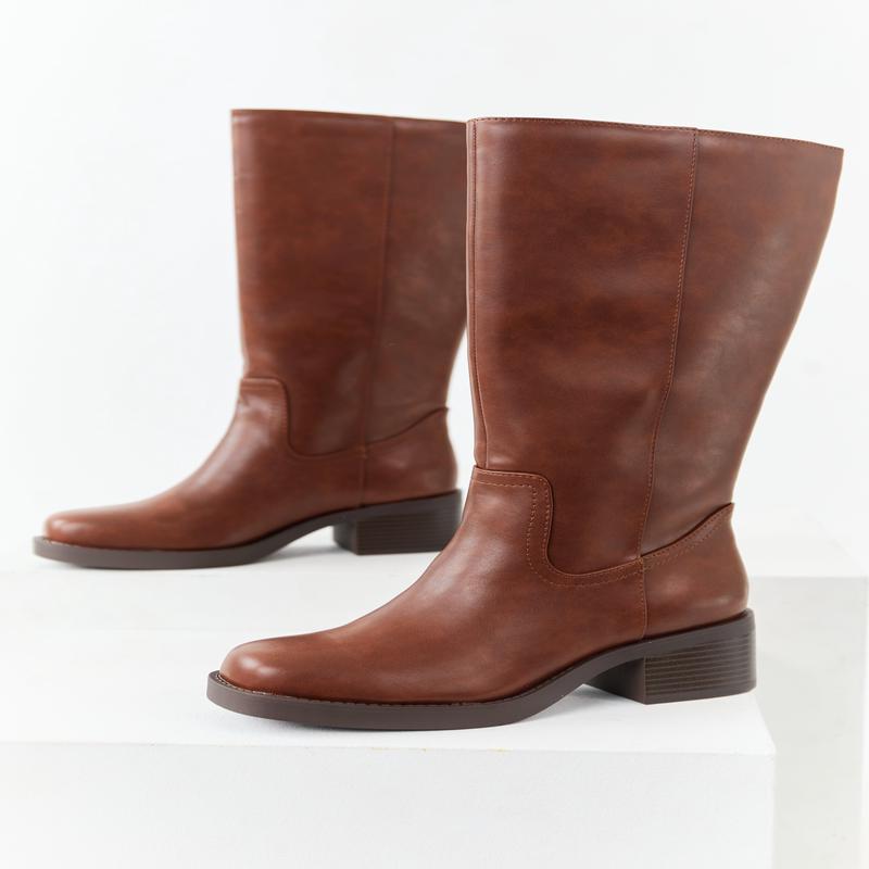 Cinnamon Faux Leather Block Heel Tall Riding Boots