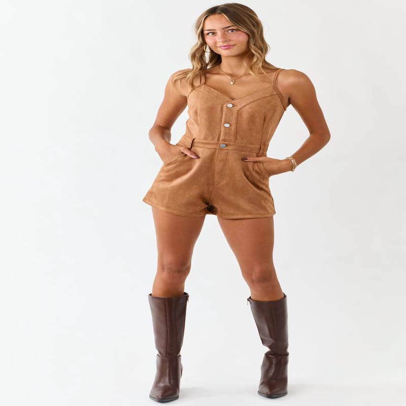 Cognac Faux Suede Sleeveless Button Down Romper