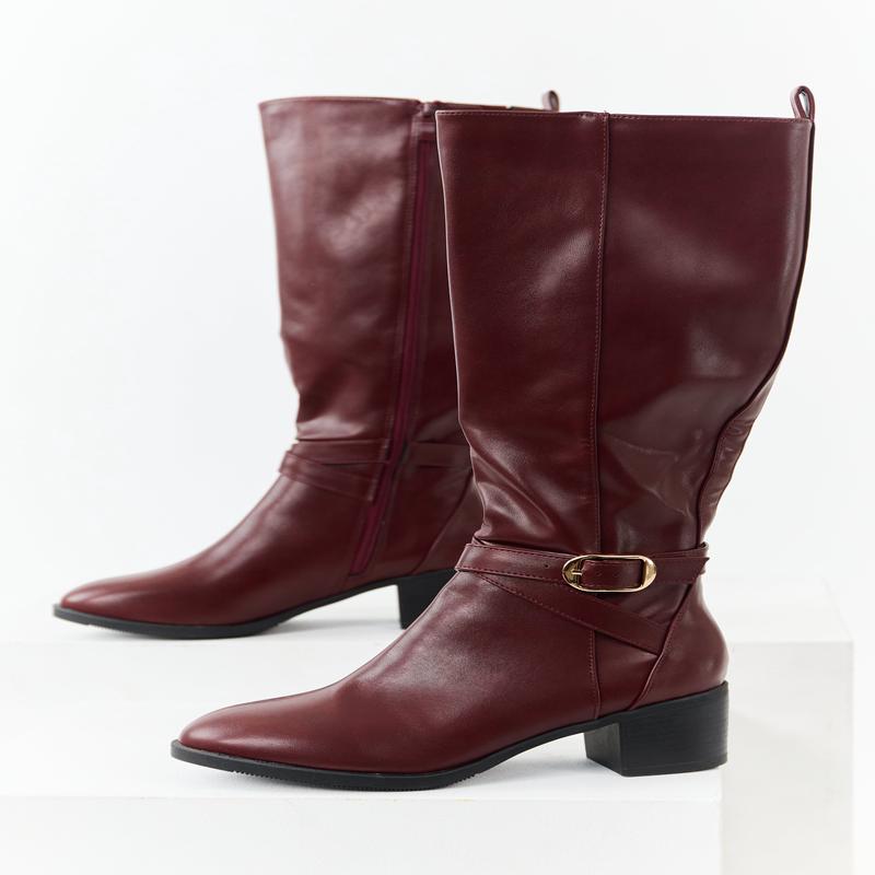 Mahogany Faux Leather Knee High Block Heel Boots