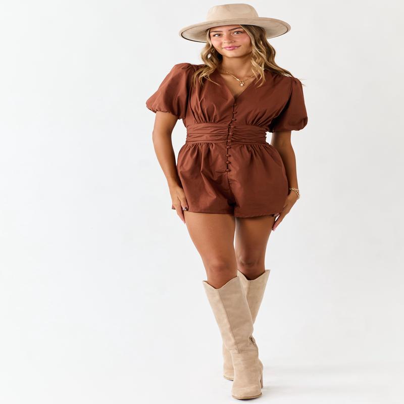 Spice Ruched Button Down Puff Sleeve Cotton Romper