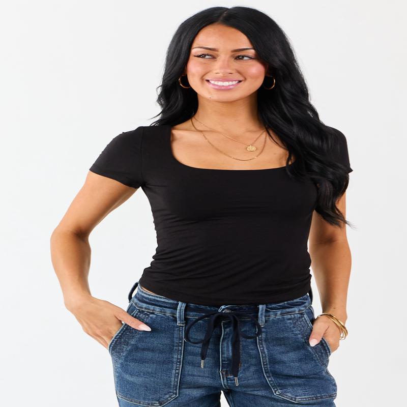 Black Soft Knit Double Layer Short Sleeve Fitted Top