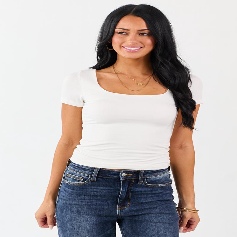 Ivory Soft Knit Double Layer Short Sleeve Fitted Top