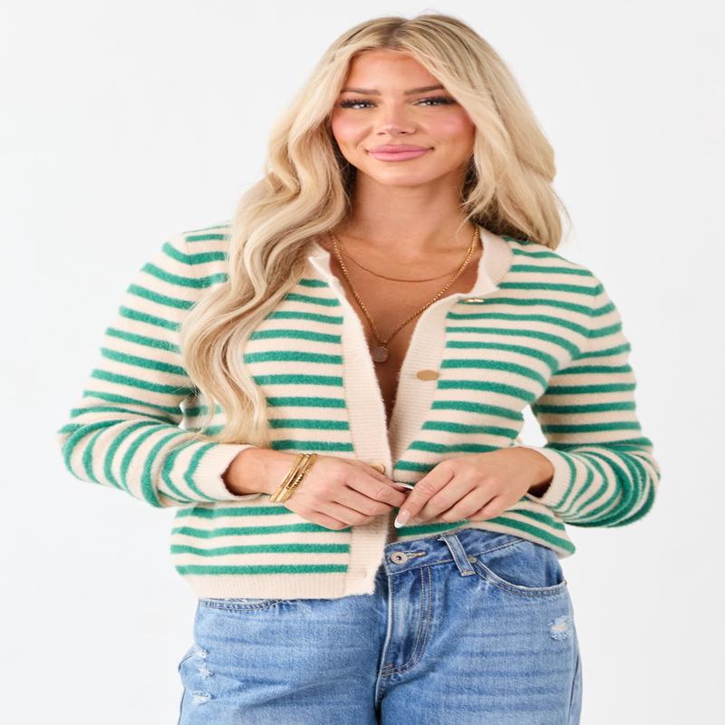 Jade and Champagne Striped Button Up Cardigan