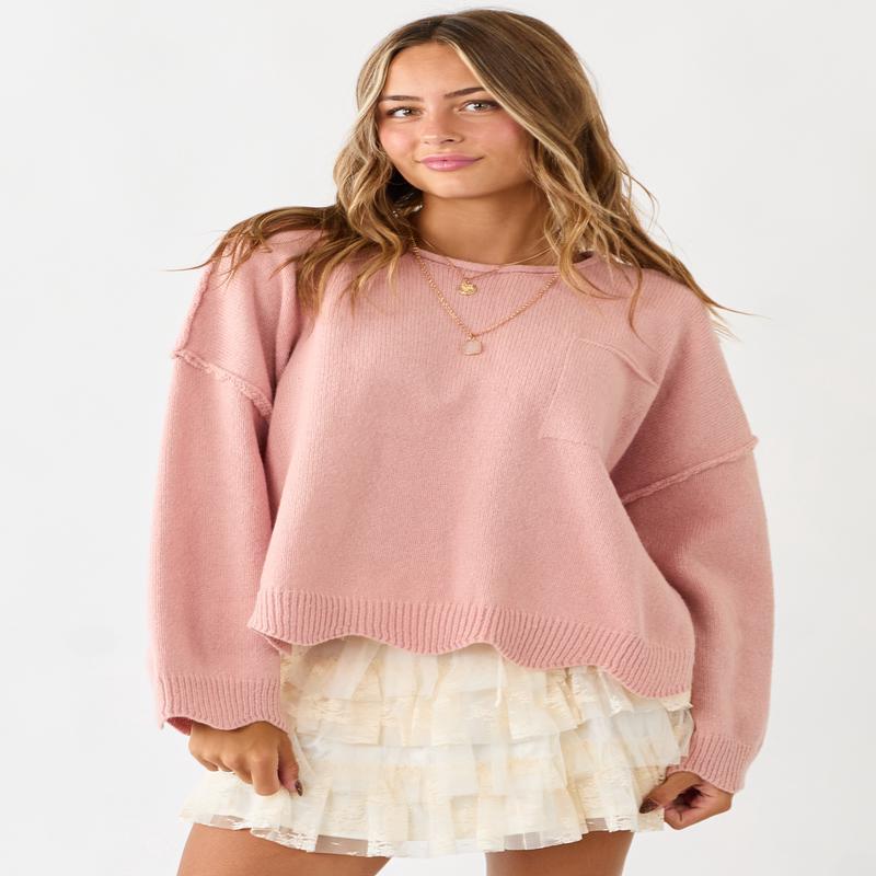 Lovelo Cherry Blossom Scallop Trim Relaxed Sweater