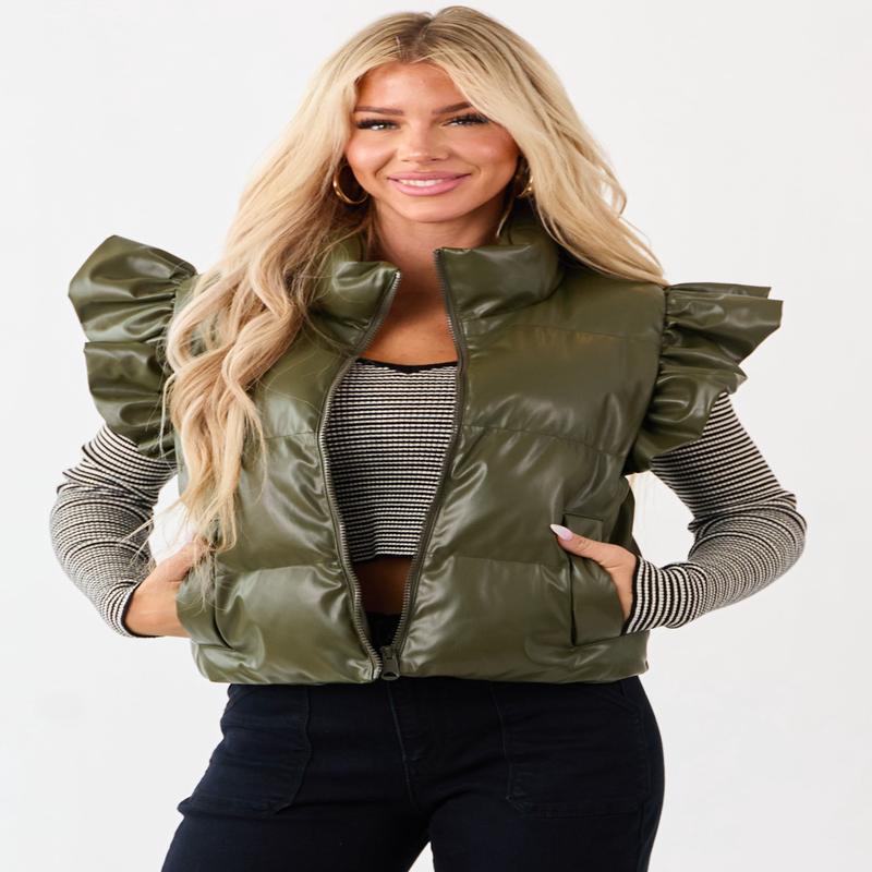 Lovelo Olive Faux Leather Ruffle Sleeve Puff Vest