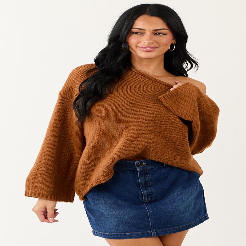 Lovelo Spice V Neck Long Sleeve Chunky Knit Sweater