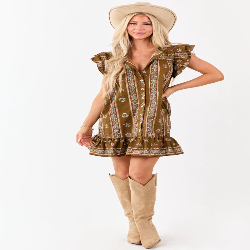 Peanut Floral Print Ruffle Sleeve Cotton Mini Dress