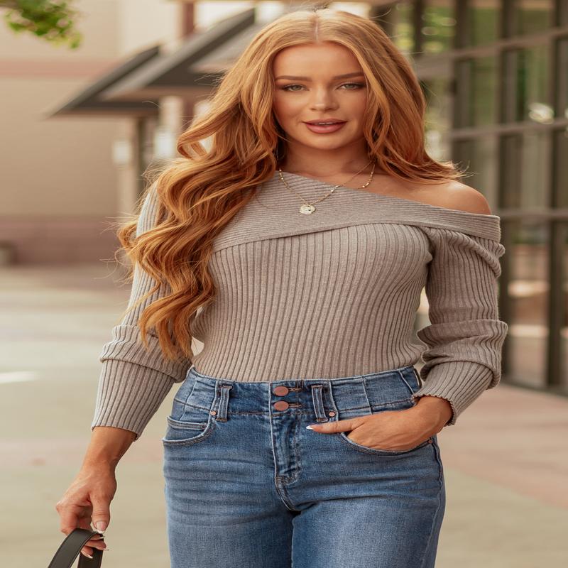 Taupe Asymmetrical Off Shoulder Ribbed Knit Sweater
