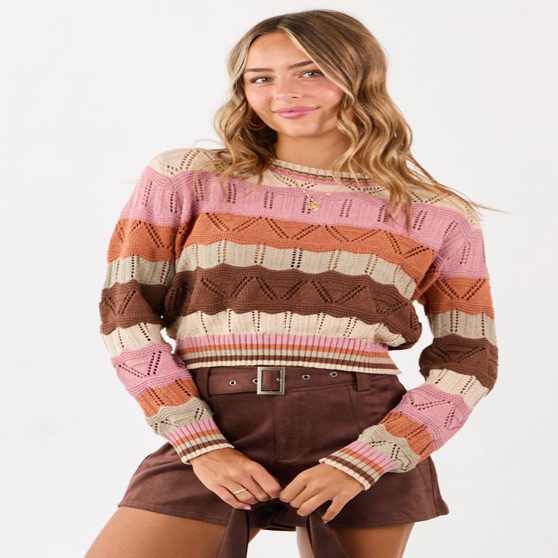 Almond Wavy Striped Long Sleeve Pointelle Sweater