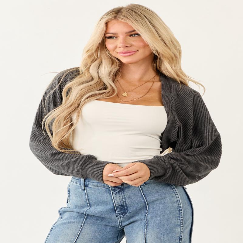 Charcoal Open Front Soft Ribbed Shrug Cardigan