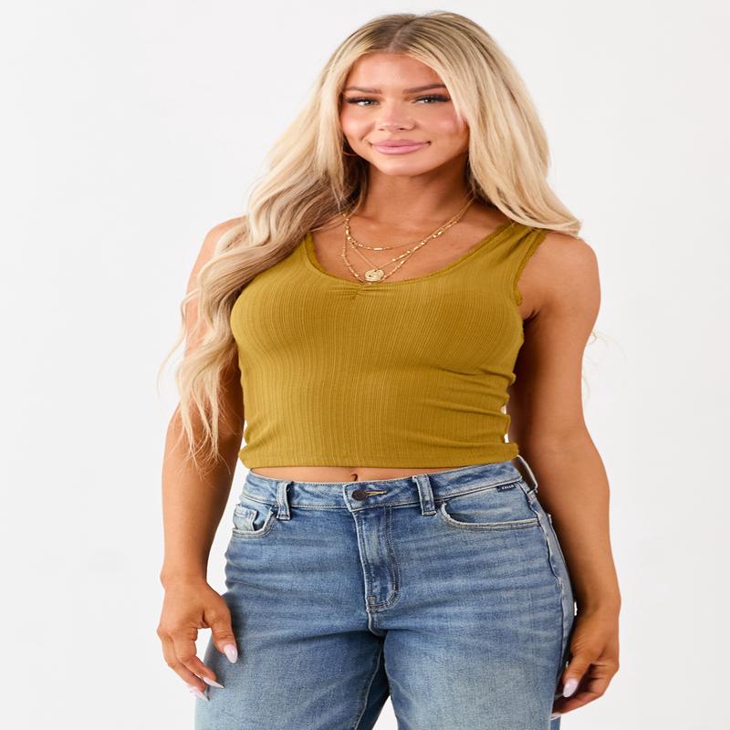 Dark Mustard Lace Trim Cropped Rib Knit Tank Top
