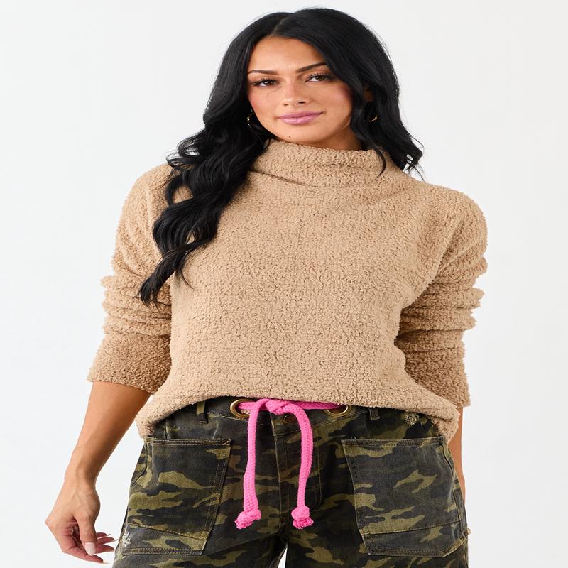 Latte Fuzzy Soft Knit Mock Neck Sweater