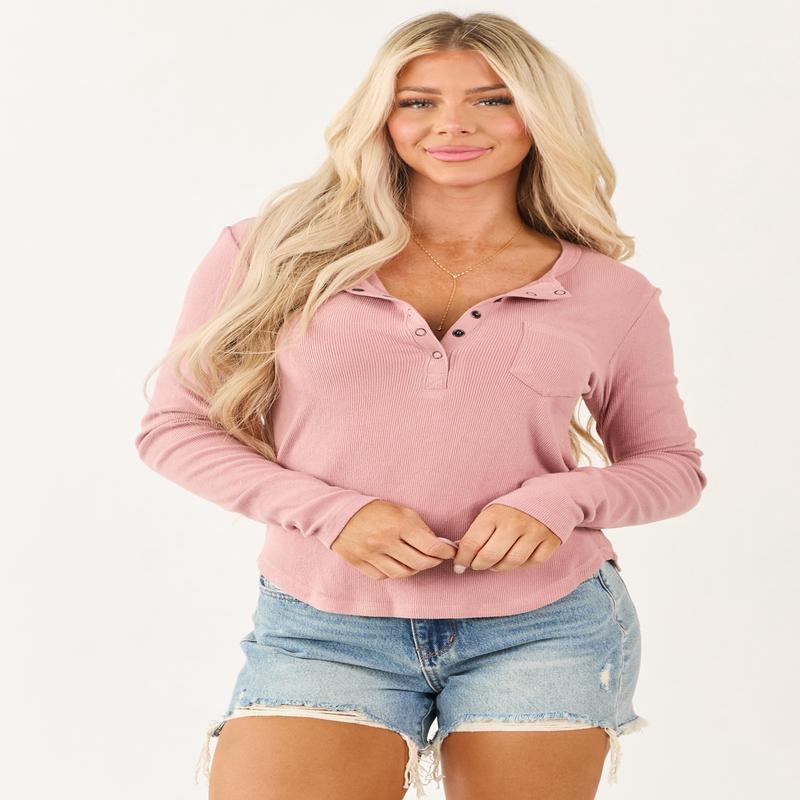 Light Dusty Rose Henley Soft Rib Knit Top