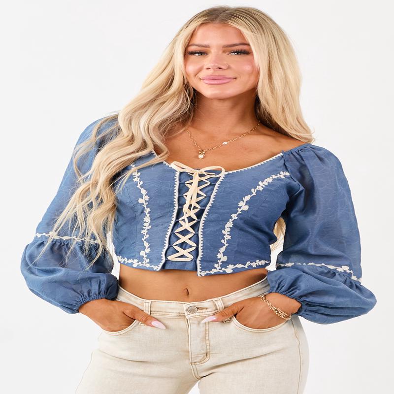 Listicle Steel Blue Embroidered Lace Up Top