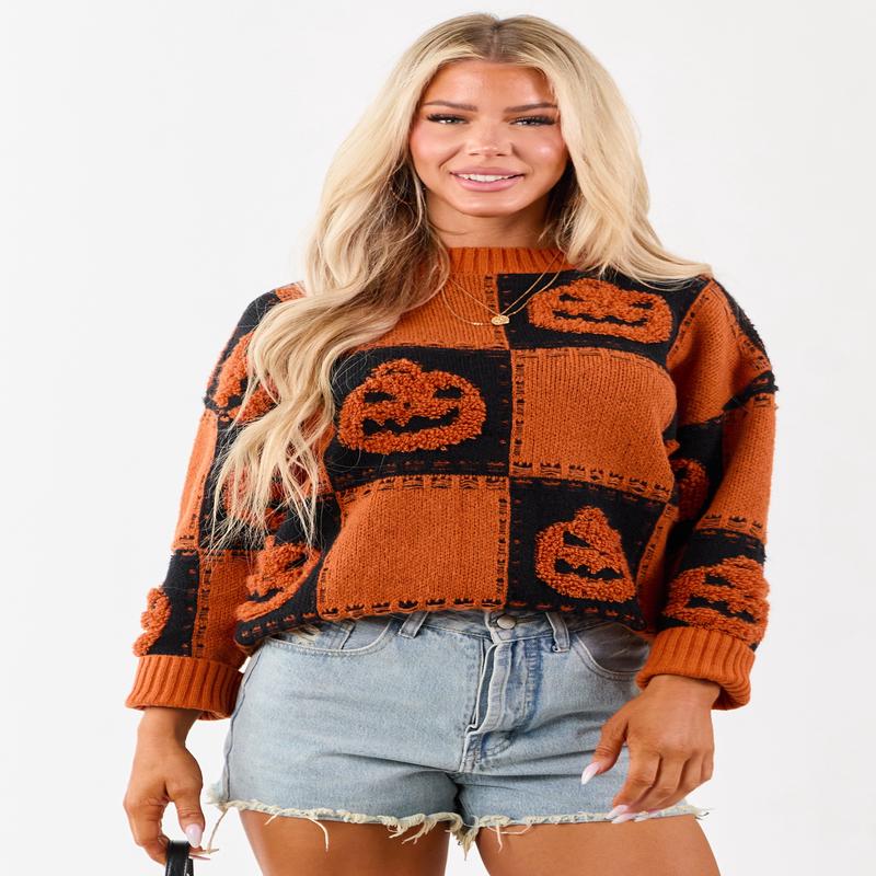 Lovelo Pumpkin Checkered Jack-O-Lantern Sweater
