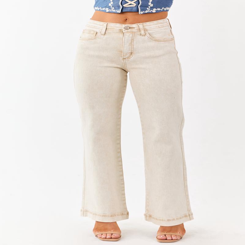 Saige Beige Tummy Control Straight Stretchy Jeans