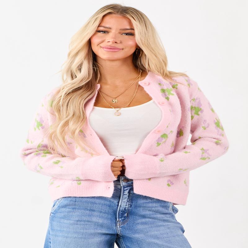 Carnation Floral Button Up Wool Blend Knit Cardigan