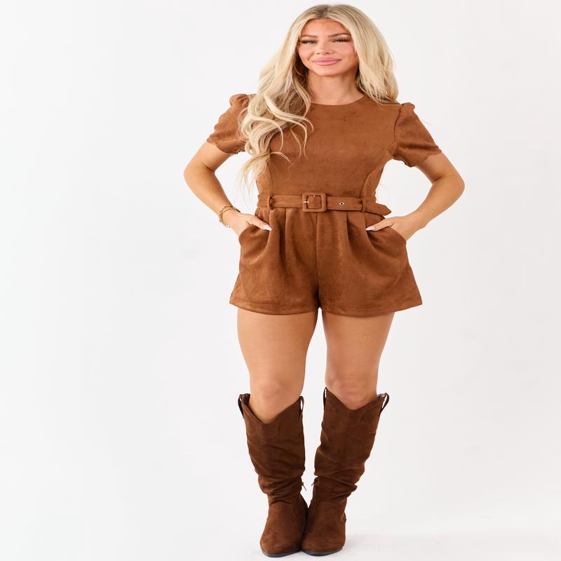 Cognac Faux Suede Belted Short Sleeve Romper