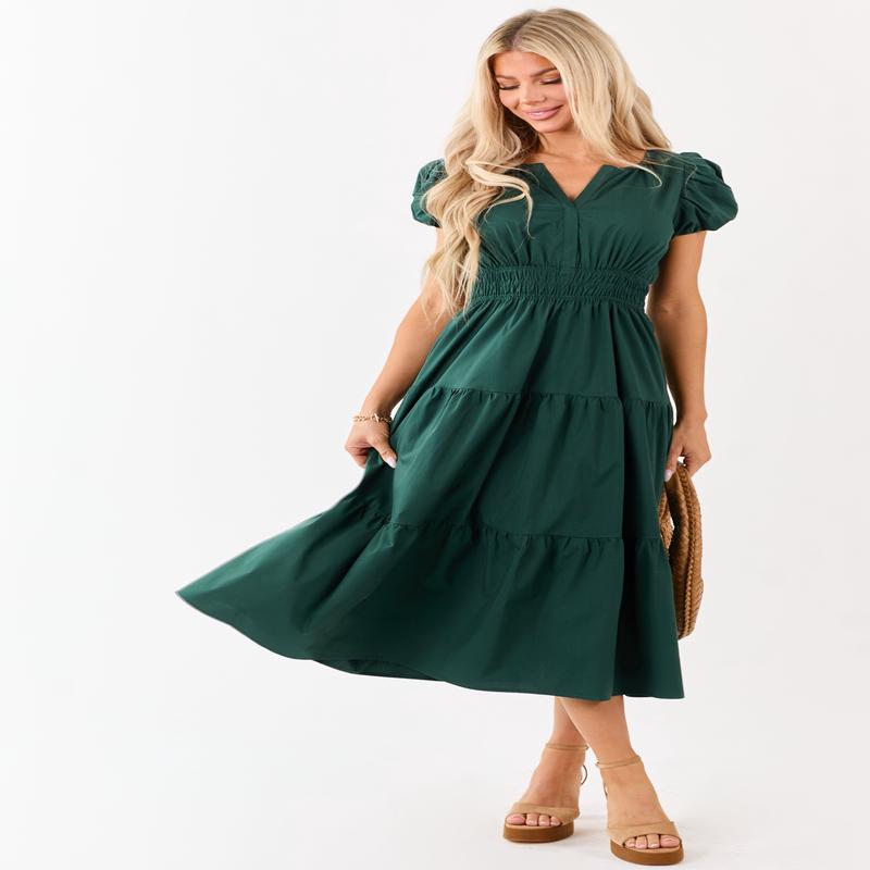 Forest Green Short Puff Sleeve Tiered Midi Dress