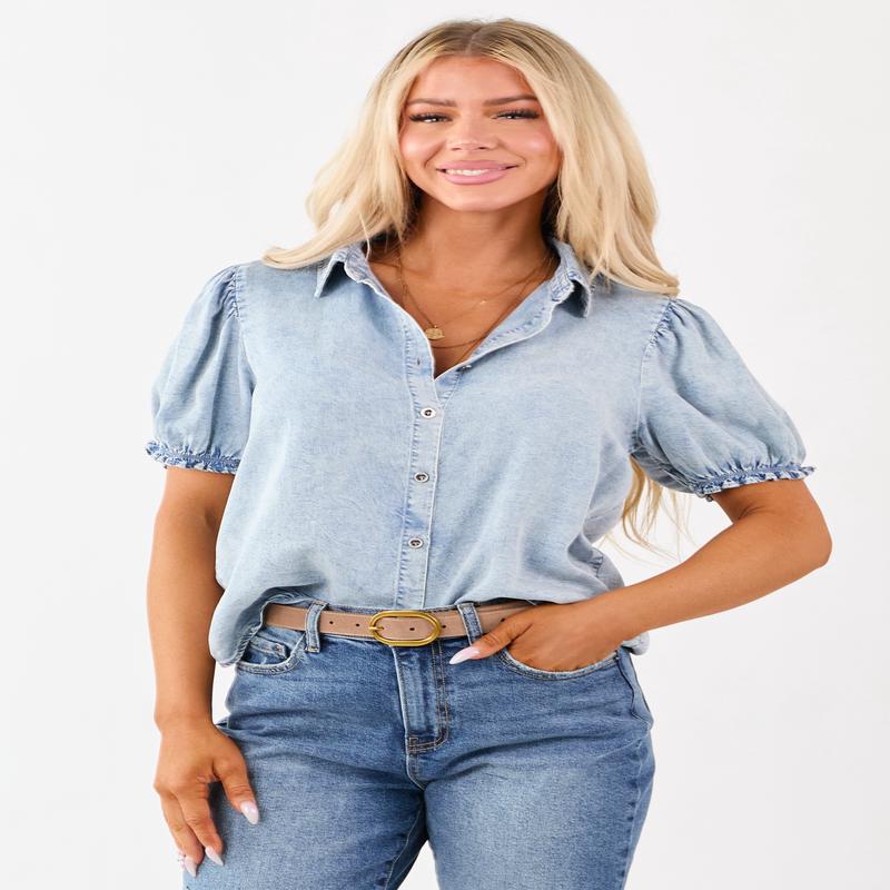 Light Washed Denim Puff Sleeve Button Up Top