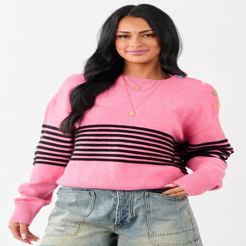 Lovelo Bubblegum Striped Button Detail Sweater