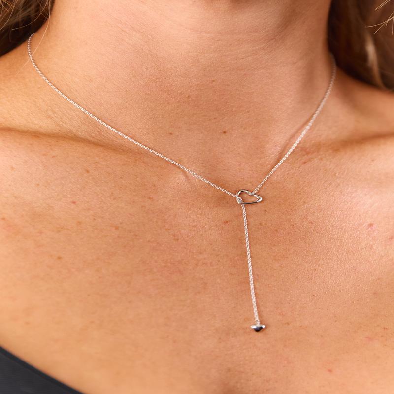 Silver Metallic Dainty Heart Charm Lariat Necklace