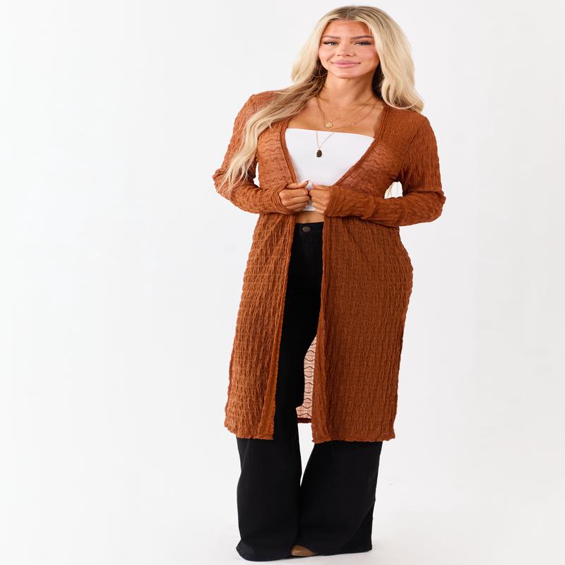 Spice Sheer Wavy Textured Mesh Duster Cardigan