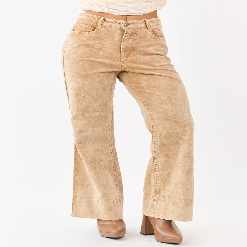 Beige Mineral Wash Corduroy Flare Pants