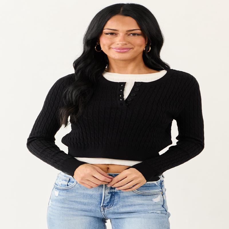 Black Long Sleeve Layered Cable Knit Sweater Top