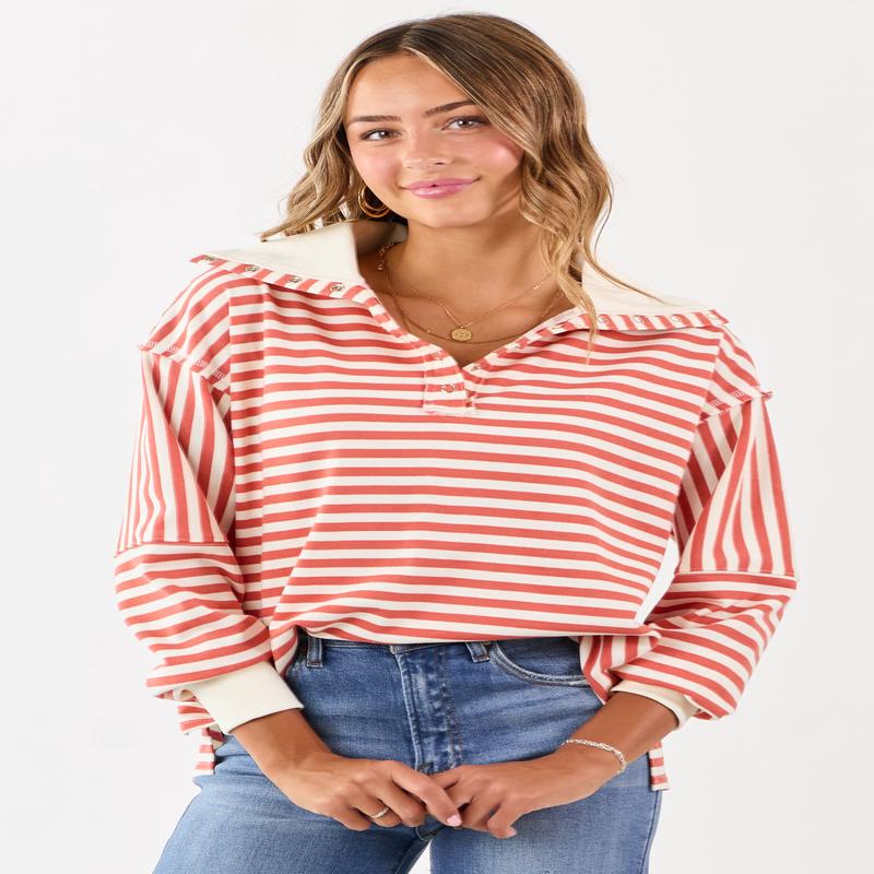 Burnt Orange and Cream Striped Henley Top