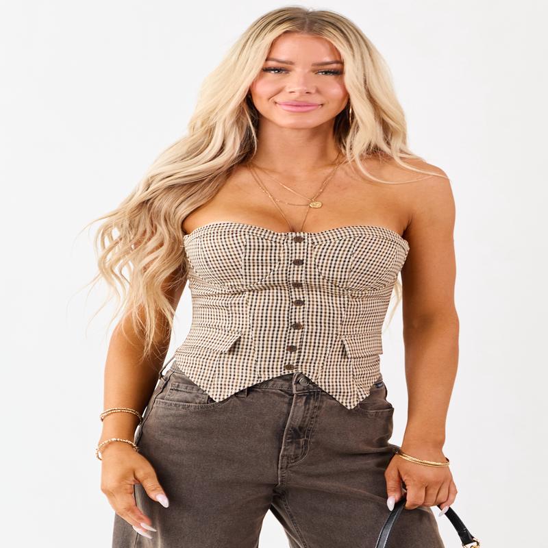Camel Houndstooth Strapless Lace Up Corset Top