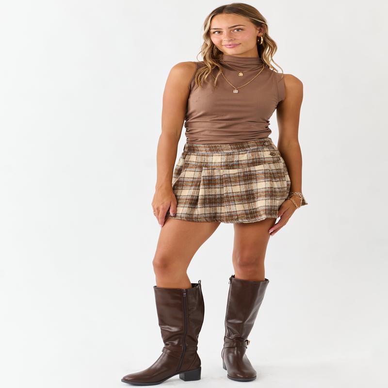 Camel Plaid Wool Blend Buttoned Wrap Style Mini Skort