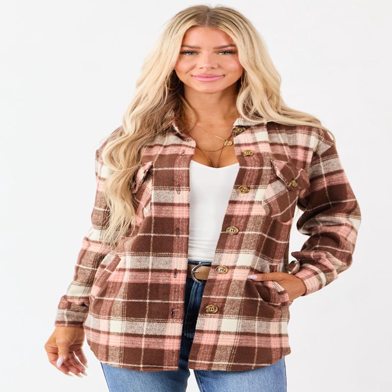 Cocoa Flannel Plaid Button Down Collared Shacket