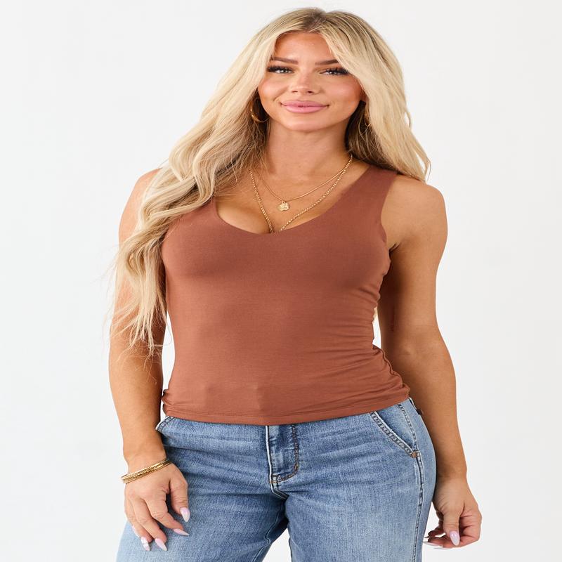 Cognac Double Layer Knit V-Neck Tank Top