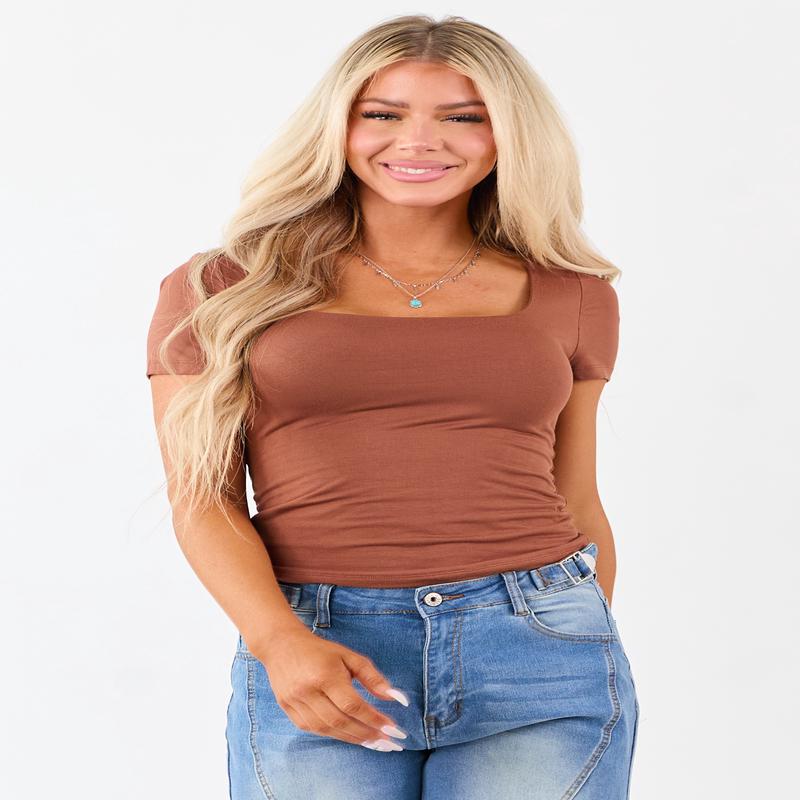 Cognac Soft Knit Double Layer Short Sleeve Fitted Top