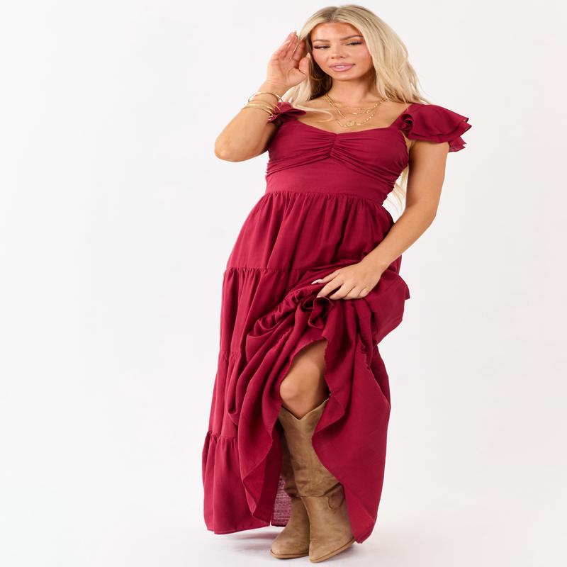 Flying Tomato Maroon Tiered Maxi Dress