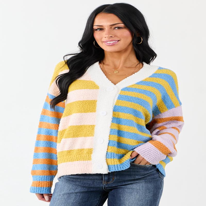 Lovelo Multicolor Striped Button Up Fuzzy Cardigan