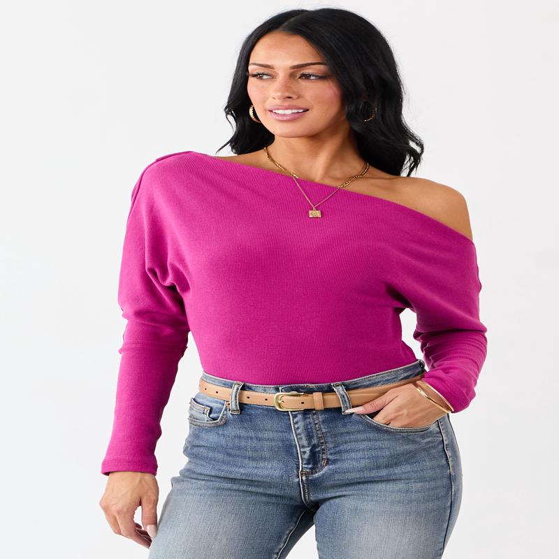 Mulberry One Shoulder Long Sleeve Waffle Knit Top