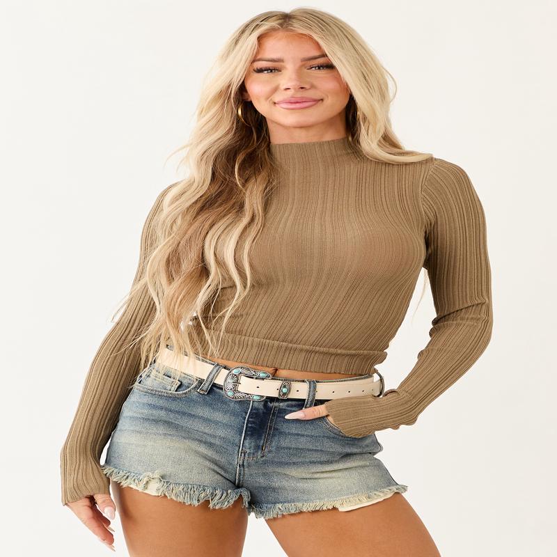 Peanut Mock Neck Sheer Ribbed Knit Long Sleeve Top