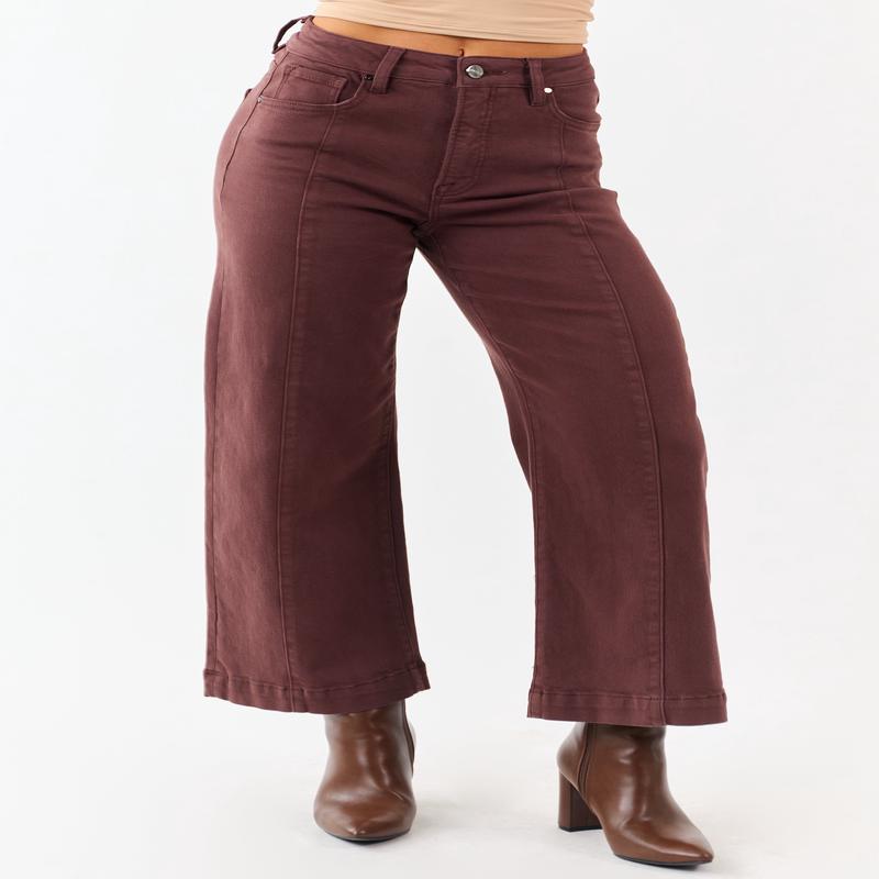 Risen Chocolate Tummy Control Wide Leg Stretchy Jeans