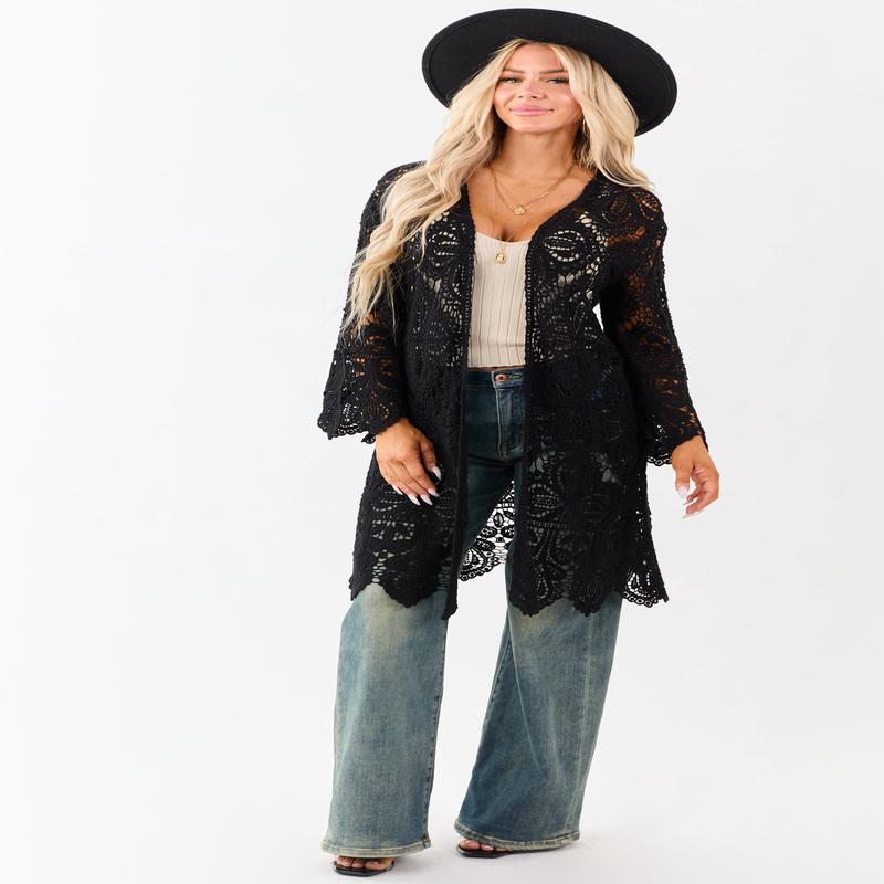 Black Open Crochet Bell Sleeve Cotton Duster Cardigan